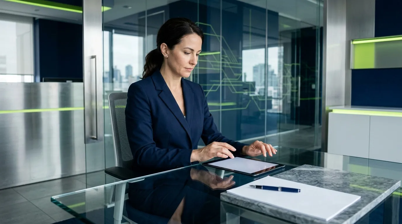 Femme d'affaires utilisant tablette au bureau avec vue urbaine