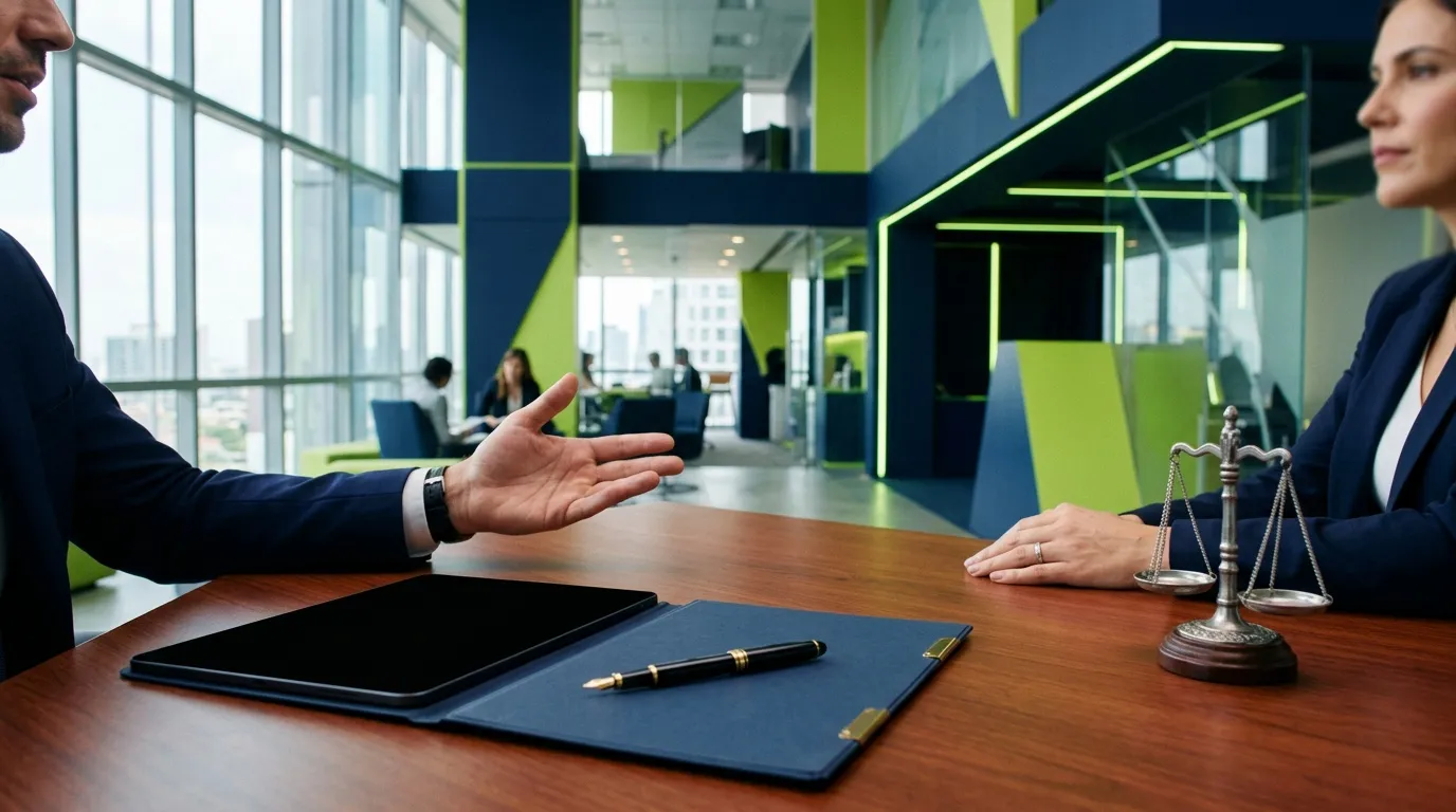 Avocats en discussion professionnelle avec balance de justice