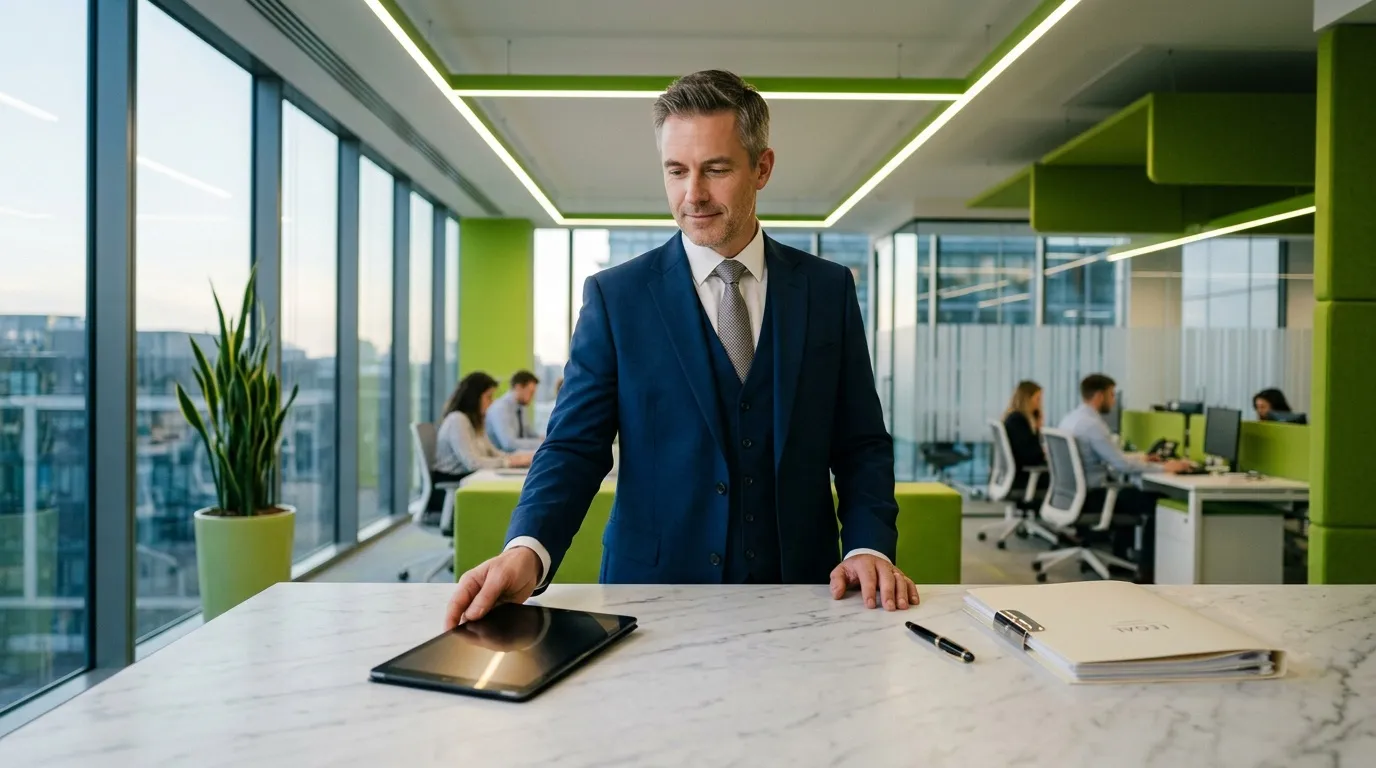 Homme en costume bleu dans un bureau lumineux avec vue panoramique
