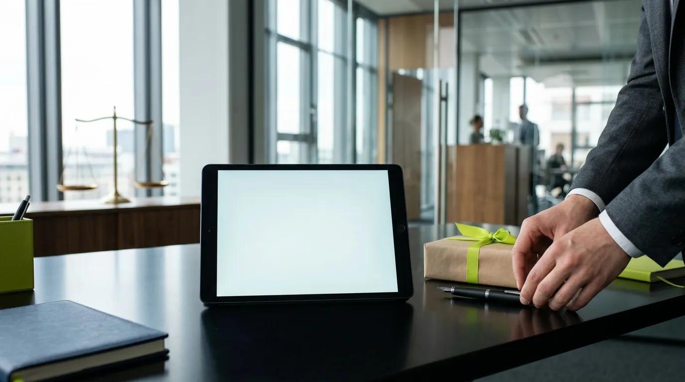 Avocat dans bureau avec tablette et balance de justice