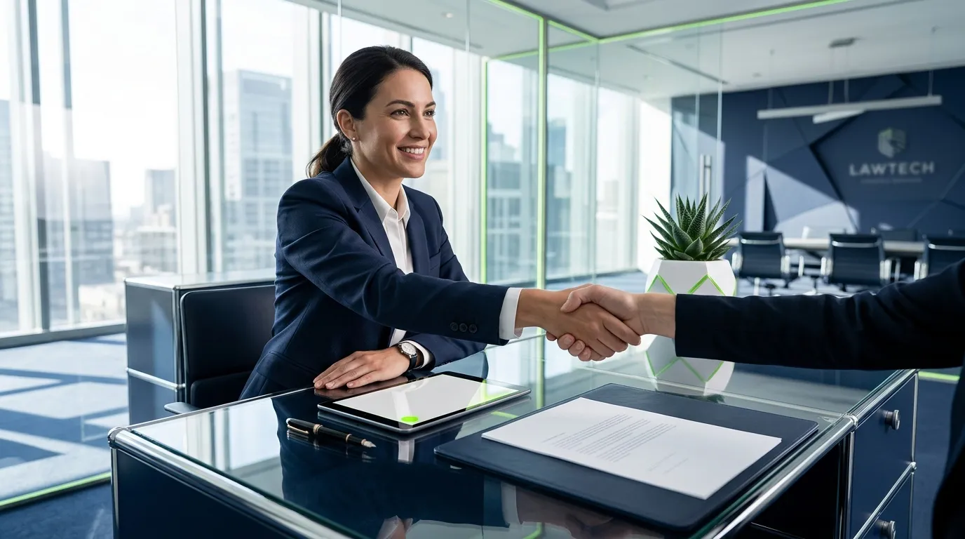 Deux professionnels se serrent la main dans un bureau moderne