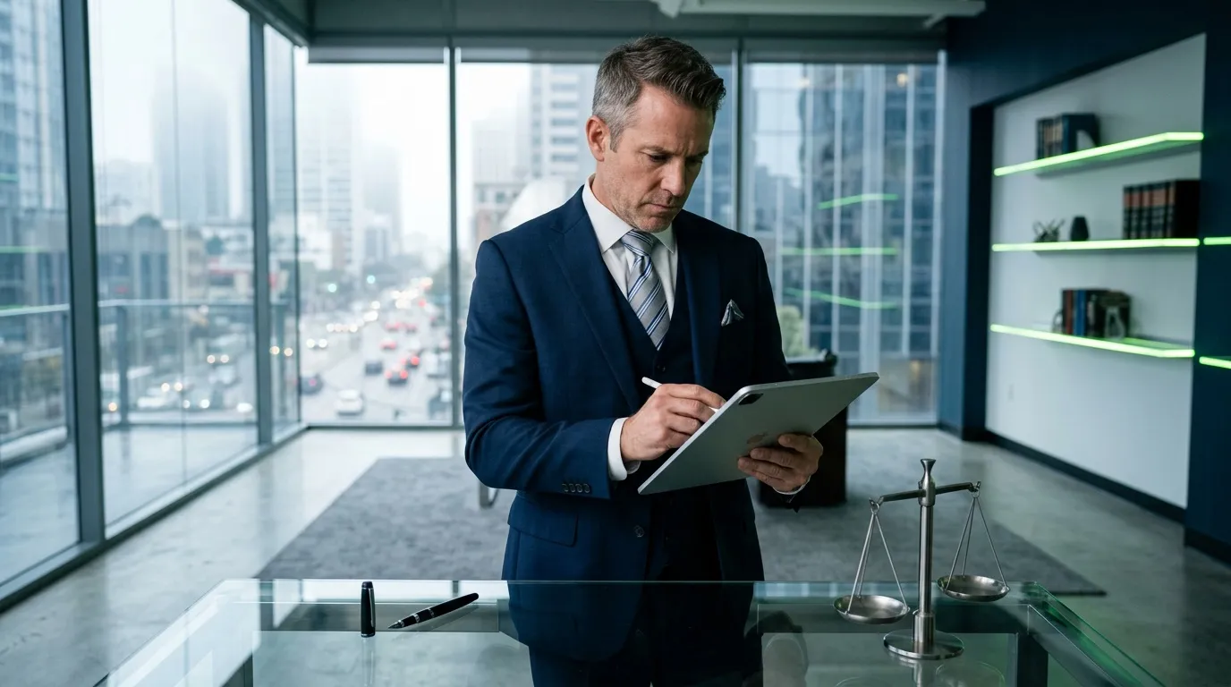 Avocat en costume consulte une tablette dans son bureau haut de gamme