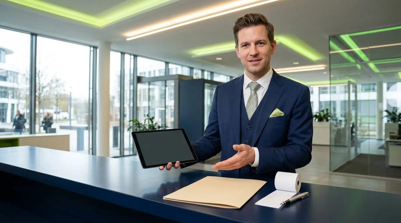 Homme en costume bleu présentant une tablette dans un bureau moderne
