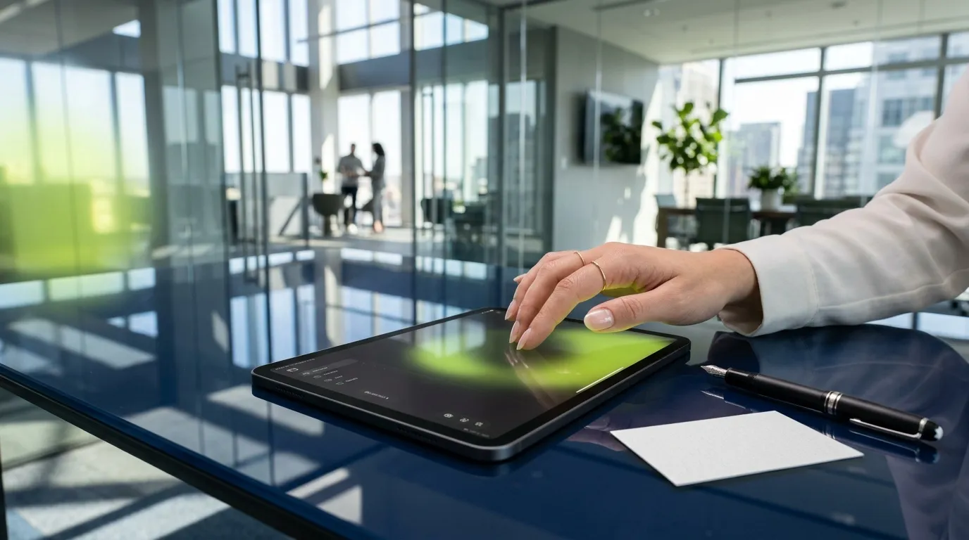 Main d'une femme d'affaires manipulant une tablette num&eacute;rique au bureau