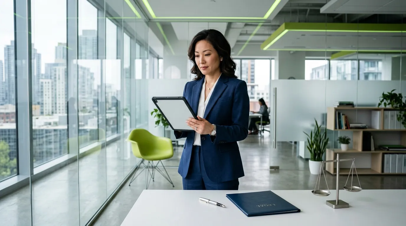 Femme avocat en costume bleu avec tablette dans bureau vitr&eacute;