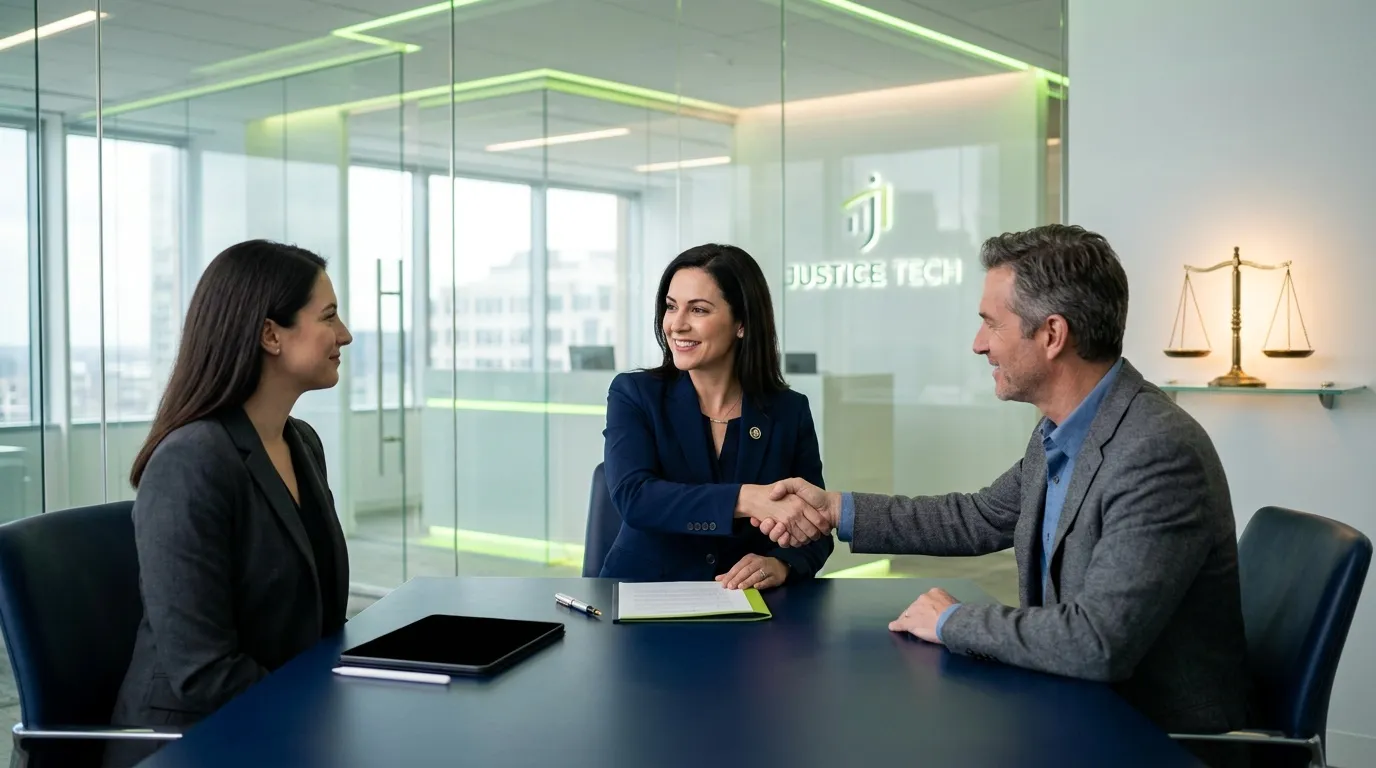 Trois avocats se serrent la main dans un bureau moderne