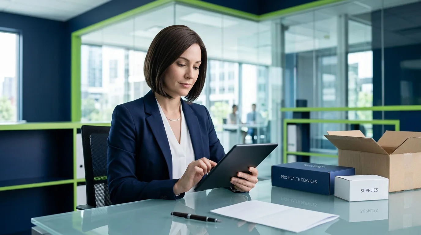 Femme en blazer bleu consulte une tablette à son bureau