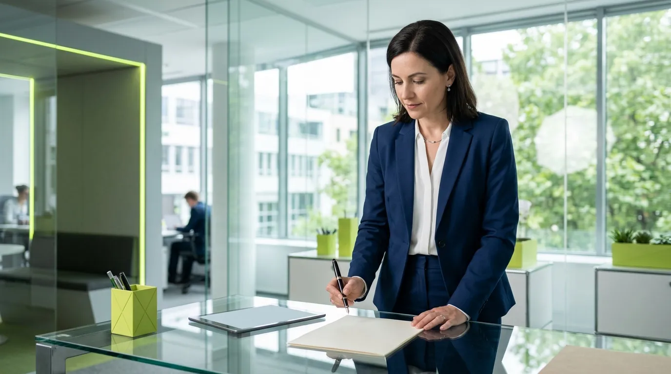 Femme en costume bleu écrit à son bureau moderne