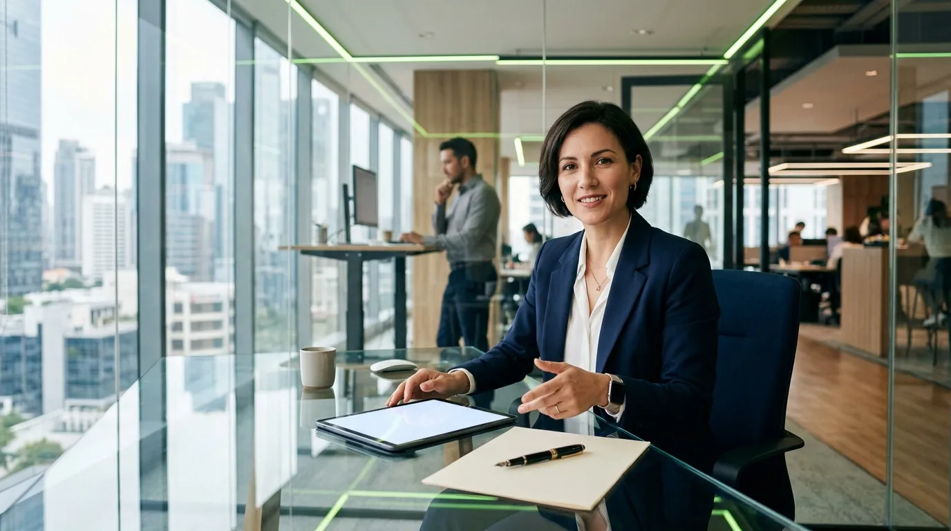 Femme en blazer bleu travaillant avec tablette en bureau high-tech