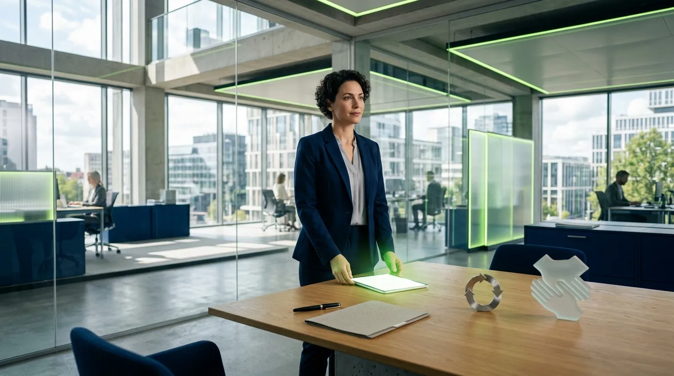 Femme d'affaires en blazer bleu dans bureau contemporain vitré