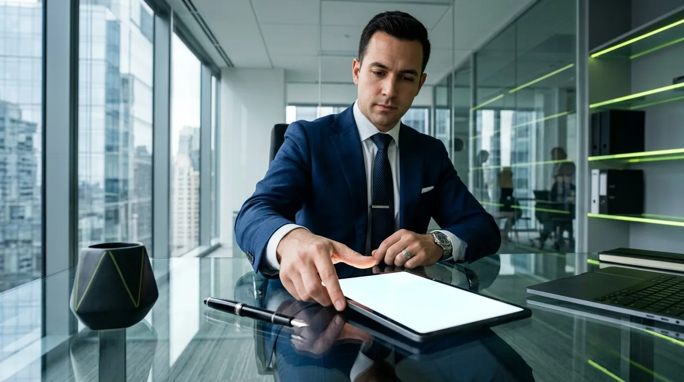 Homme d'affaires en costume bleu signant document au bureau