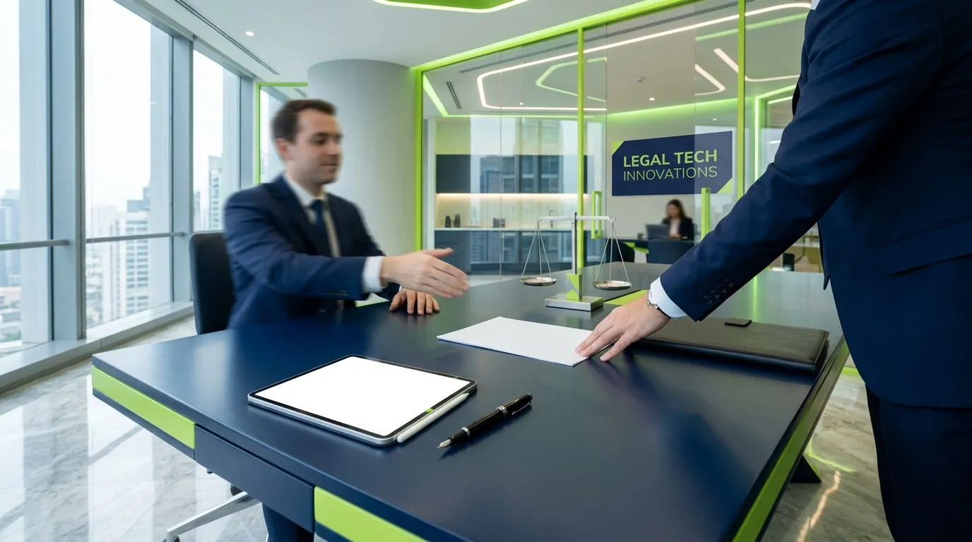 Deux hommes d'affaires se serrent la main dans un bureau Legal Tech