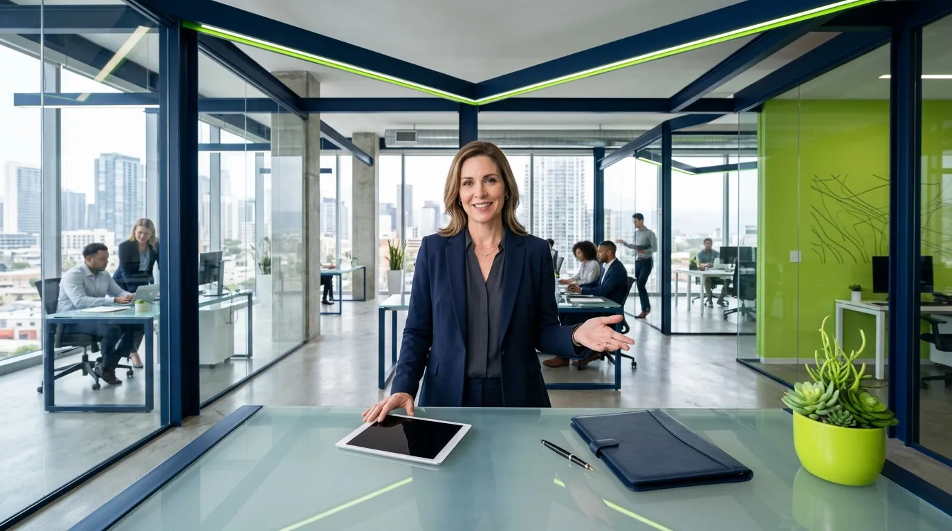 Femme en blazer bleu dans un bureau contemporain avec vue urbaine