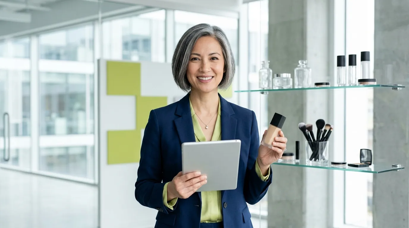 Femme professionnelle souriante tenant tablette et fond de teint