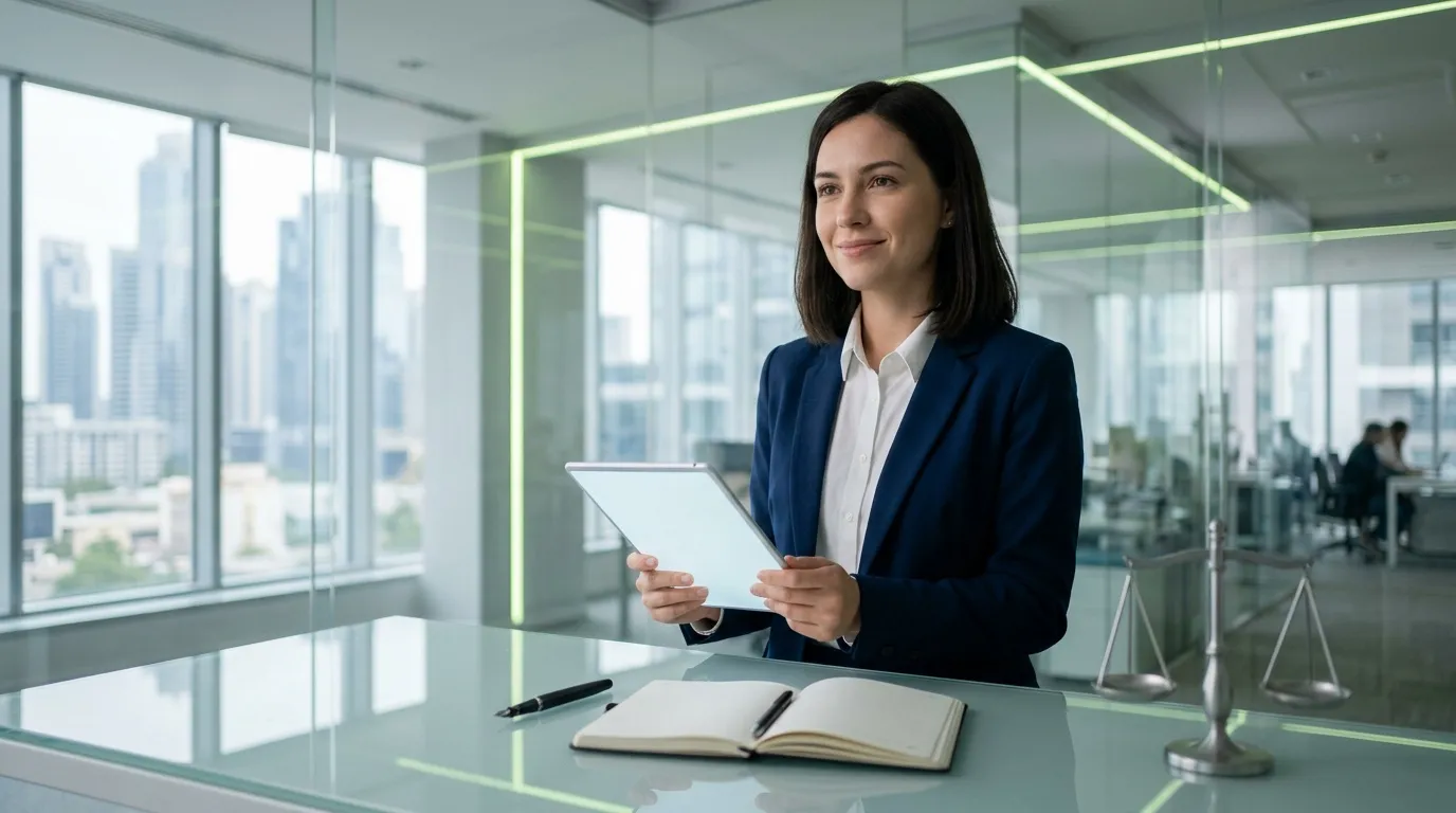 Femme d'affaires avec tablette dans bureau haut étage