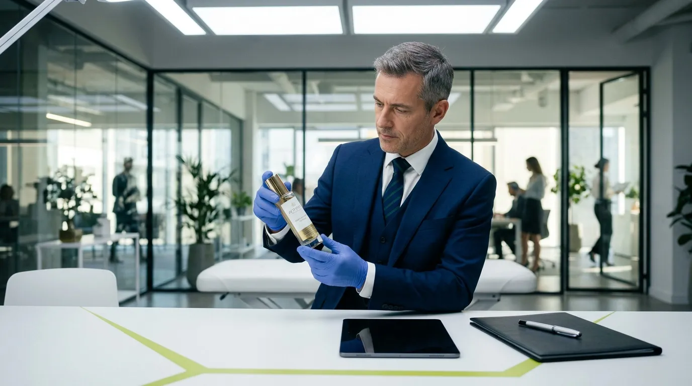 Homme d'affaires en costume bleu inspectant une bouteille avec gants
