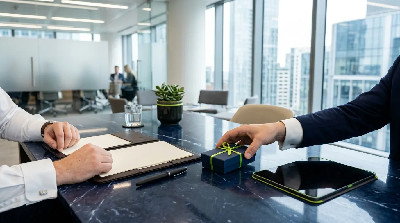 Deux hommes d'affaires &eacute;changent un petit cadeau bleu au bureau