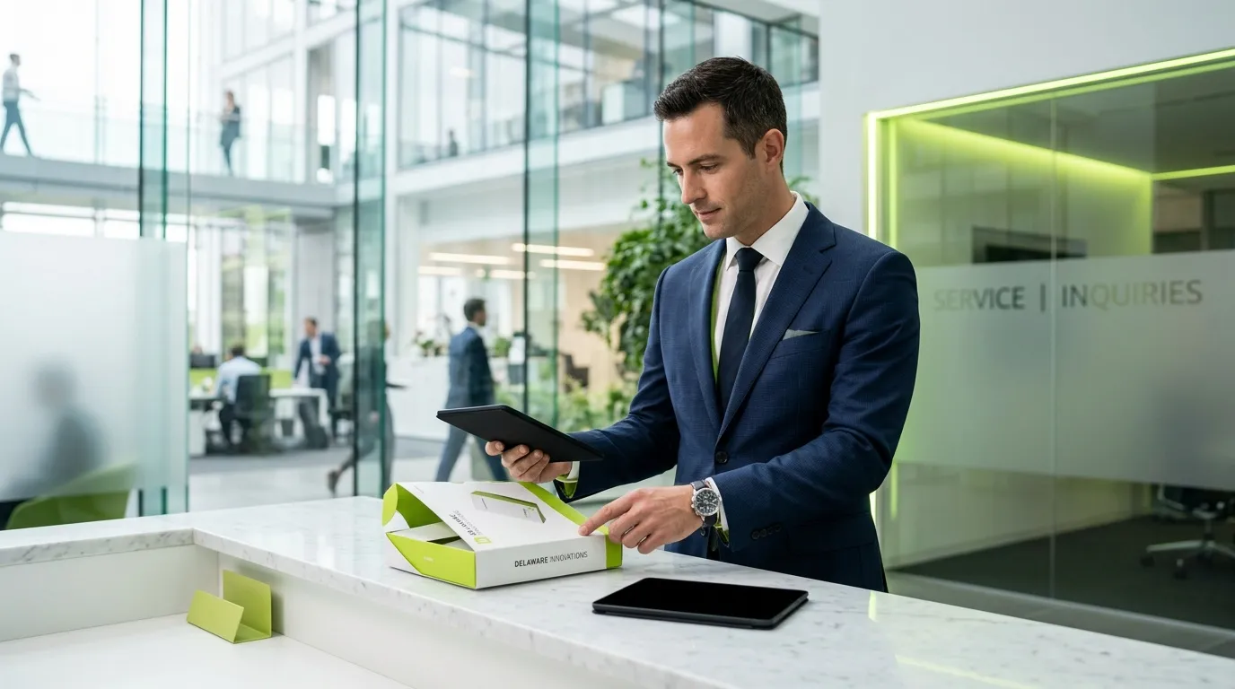 Homme d'affaires en costume consulte une tablette au bureau