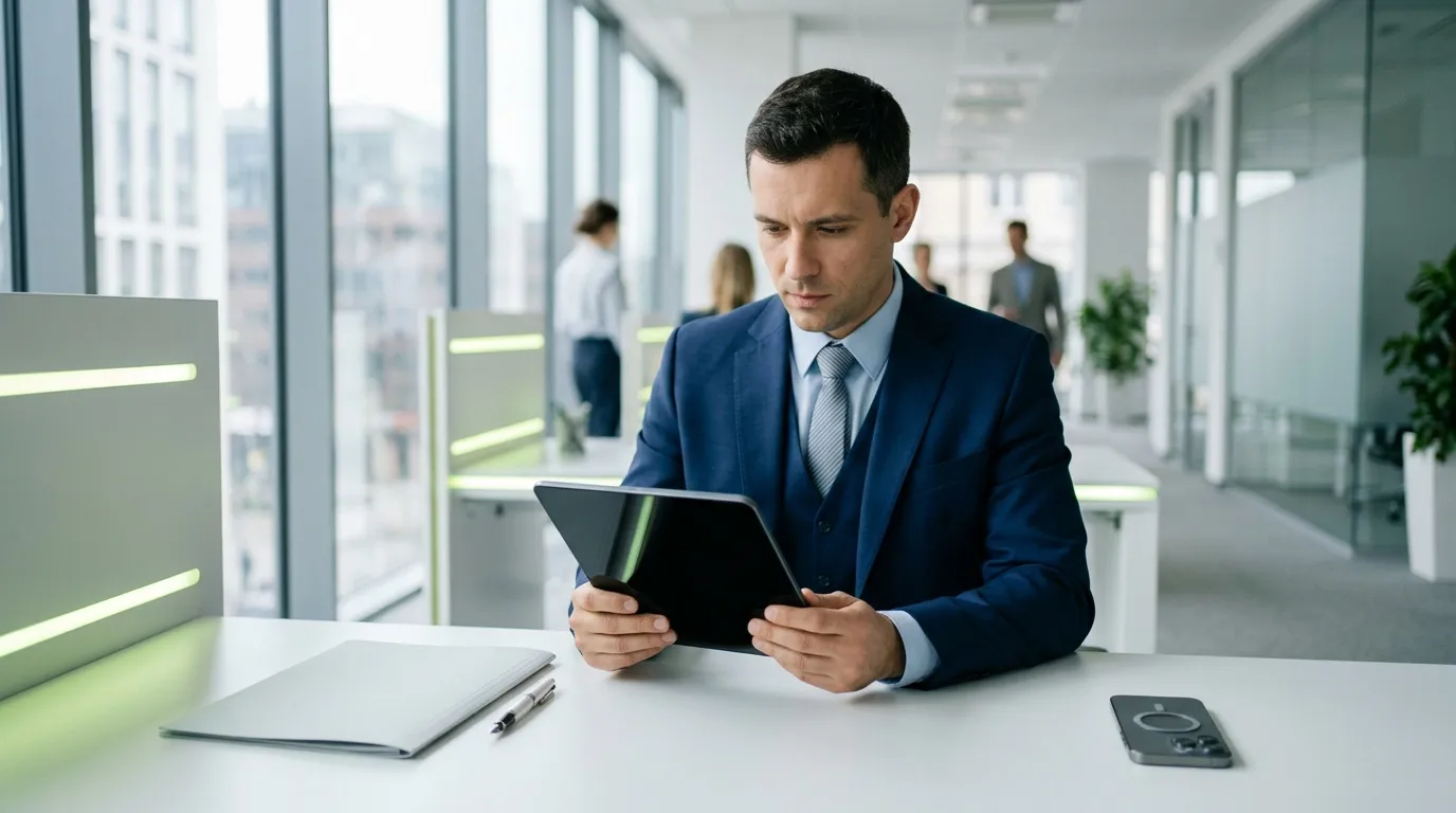 Homme en costume bleu consulte une tablette au bureau moderne