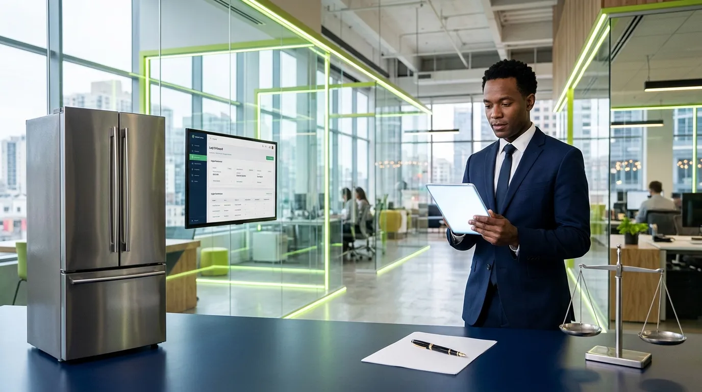 Homme en costume bleu consulte une tablette dans un bureau moderne