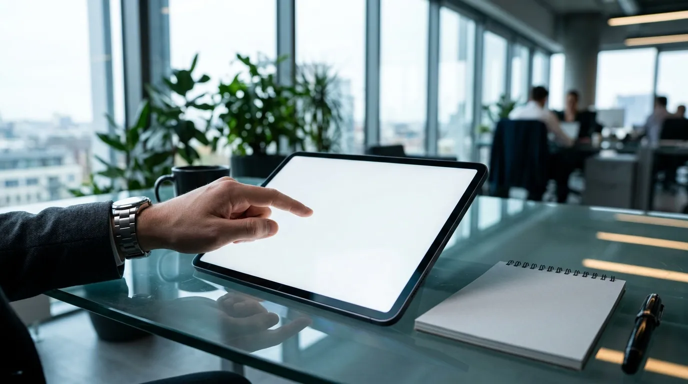 Main d'homme touchant &eacute;cran blanc tablette bureau moderne