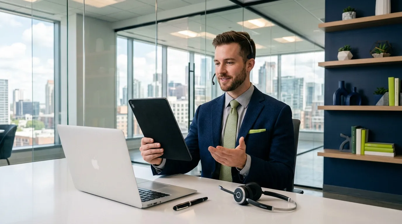 Homme d'affaires avec tablet lors d'une visioconf&eacute;rence
