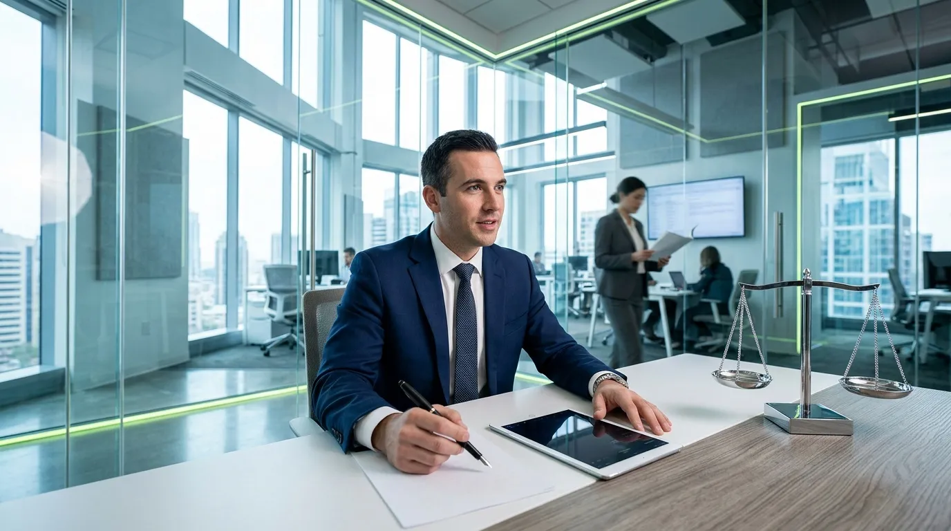 Homme en costume travaillant &agrave; son bureau avec balance de justice