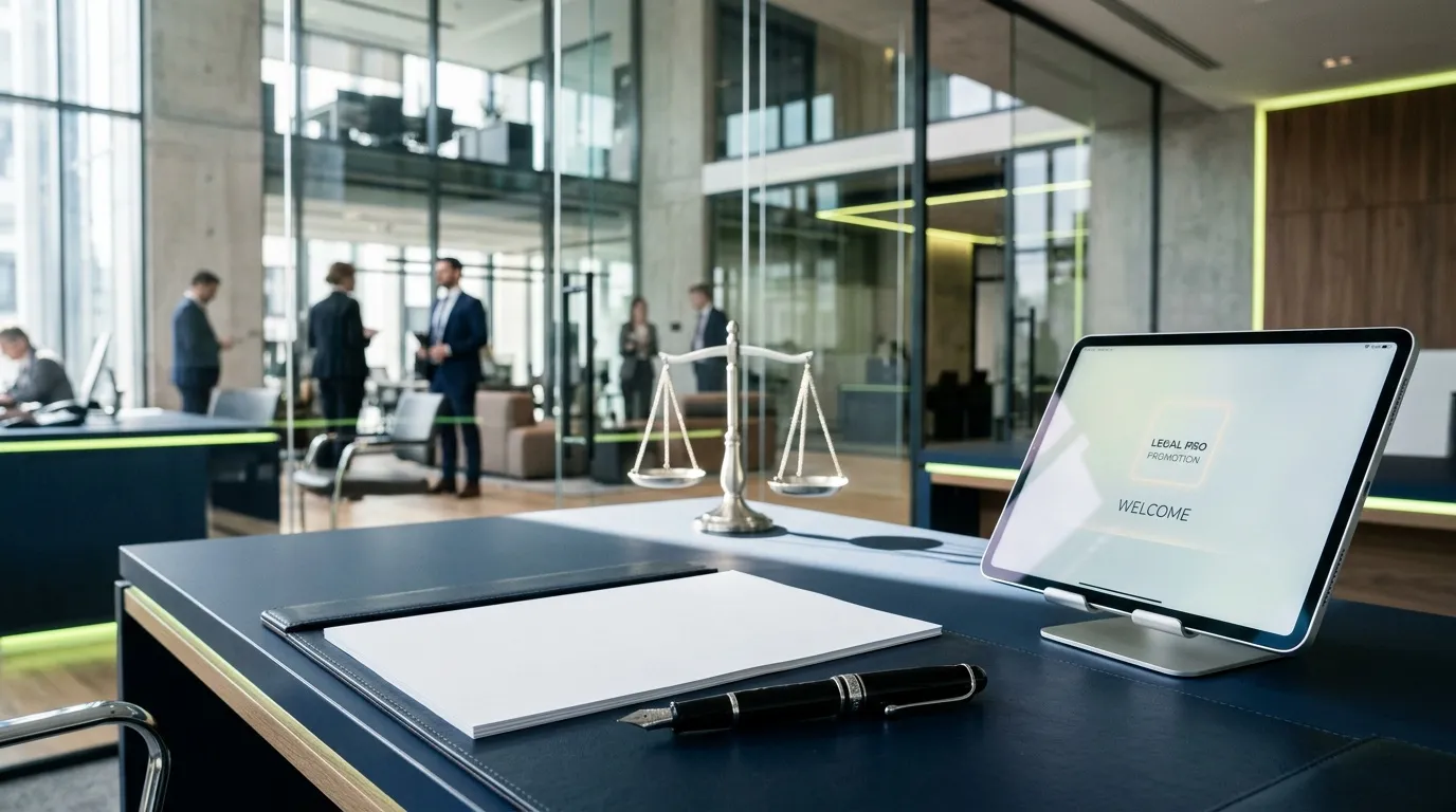 Bureau d'avocat avec balance, ordinateur et &eacute;quipe en arri&egrave;re-plan
