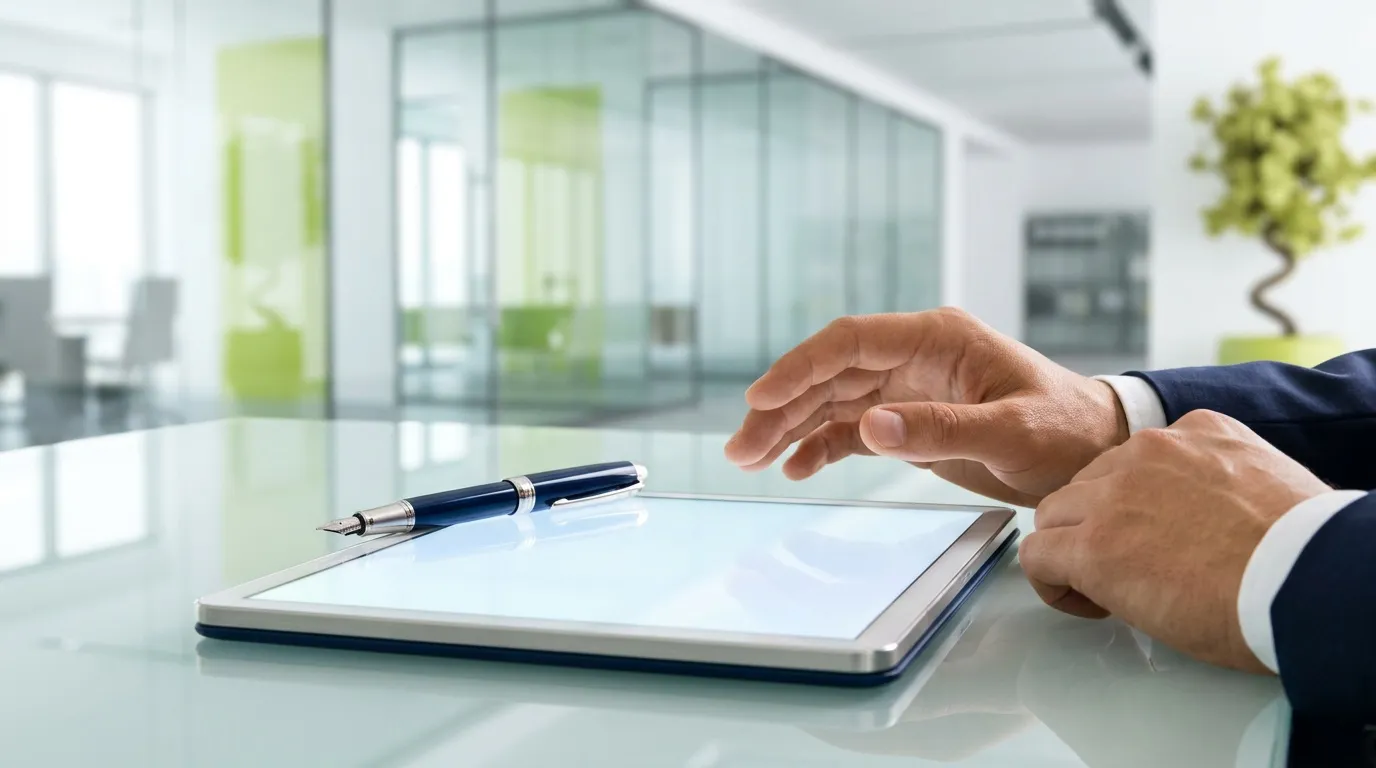 Homme d'affaires montrant un document vierge sur bureau moderne