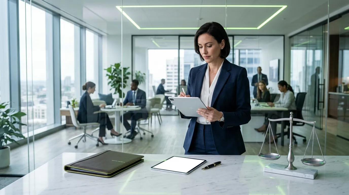 Femme avocate consulte sa tablette dans son bureau moderne