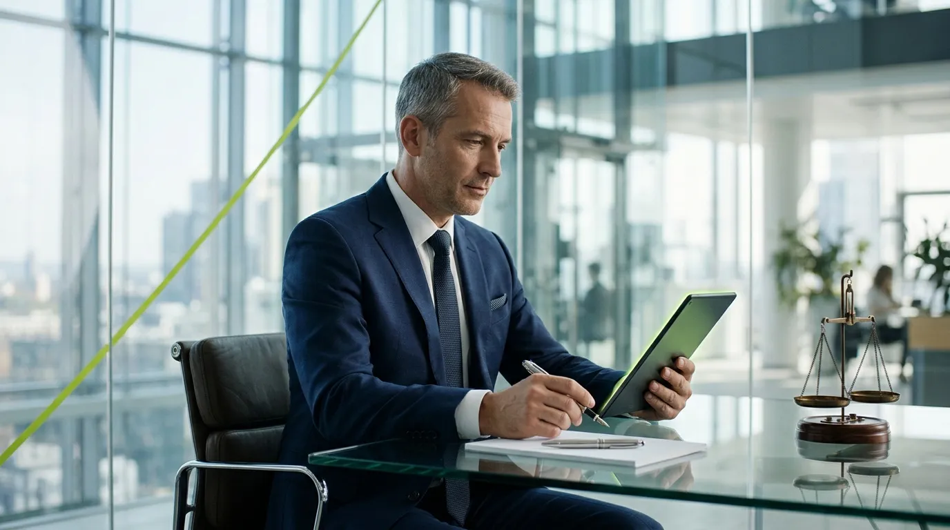 Homme d'affaires consulte une tablette au bureau moderne