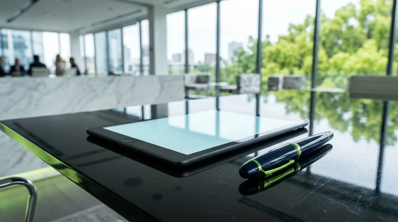 Tablette et stylos sur bureau moderne avec vue panoramique