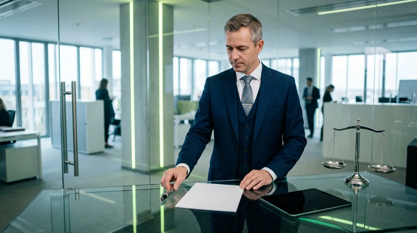Homme en costume bleu signe un document dans un bureau moderne