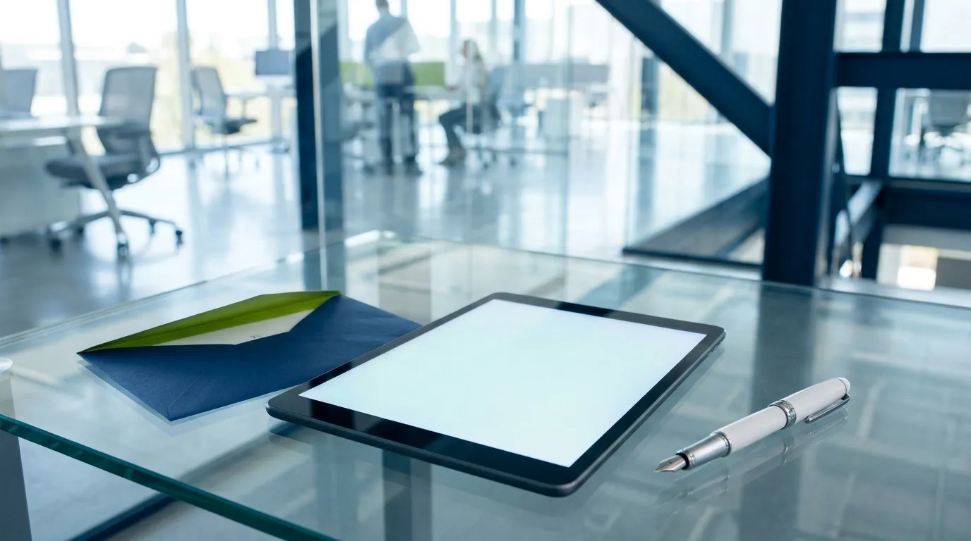 Tablette, stylos et carnet sur bureau vitrée avec vue bureaux