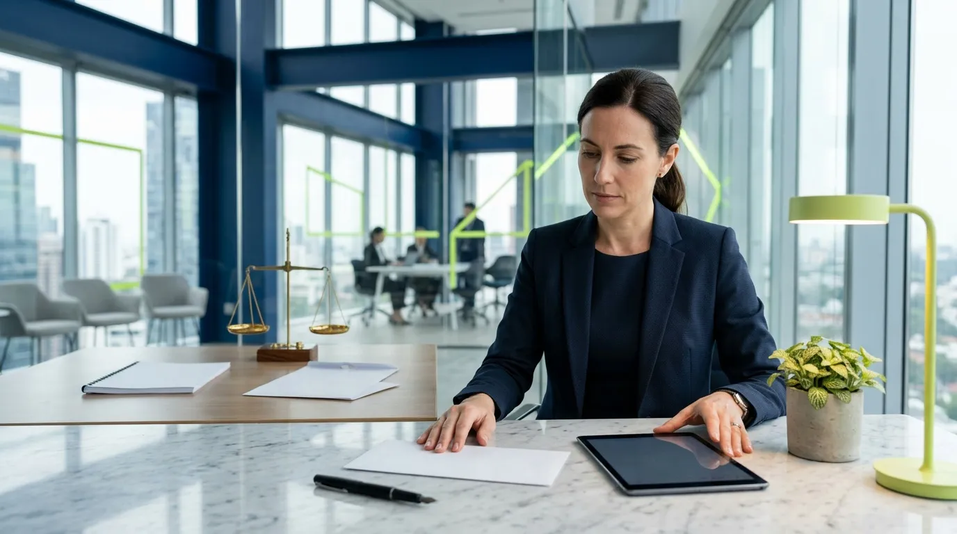 Femme juriste consulte documents dans bureau moderne avec vue urbaine