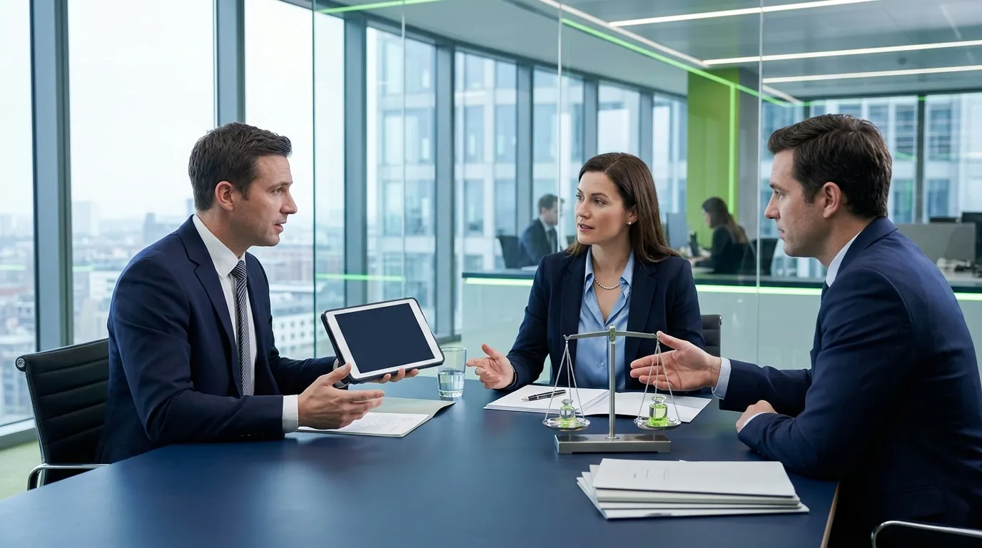 Trois hommes d'affaires discutent autour d'une table avec tablette