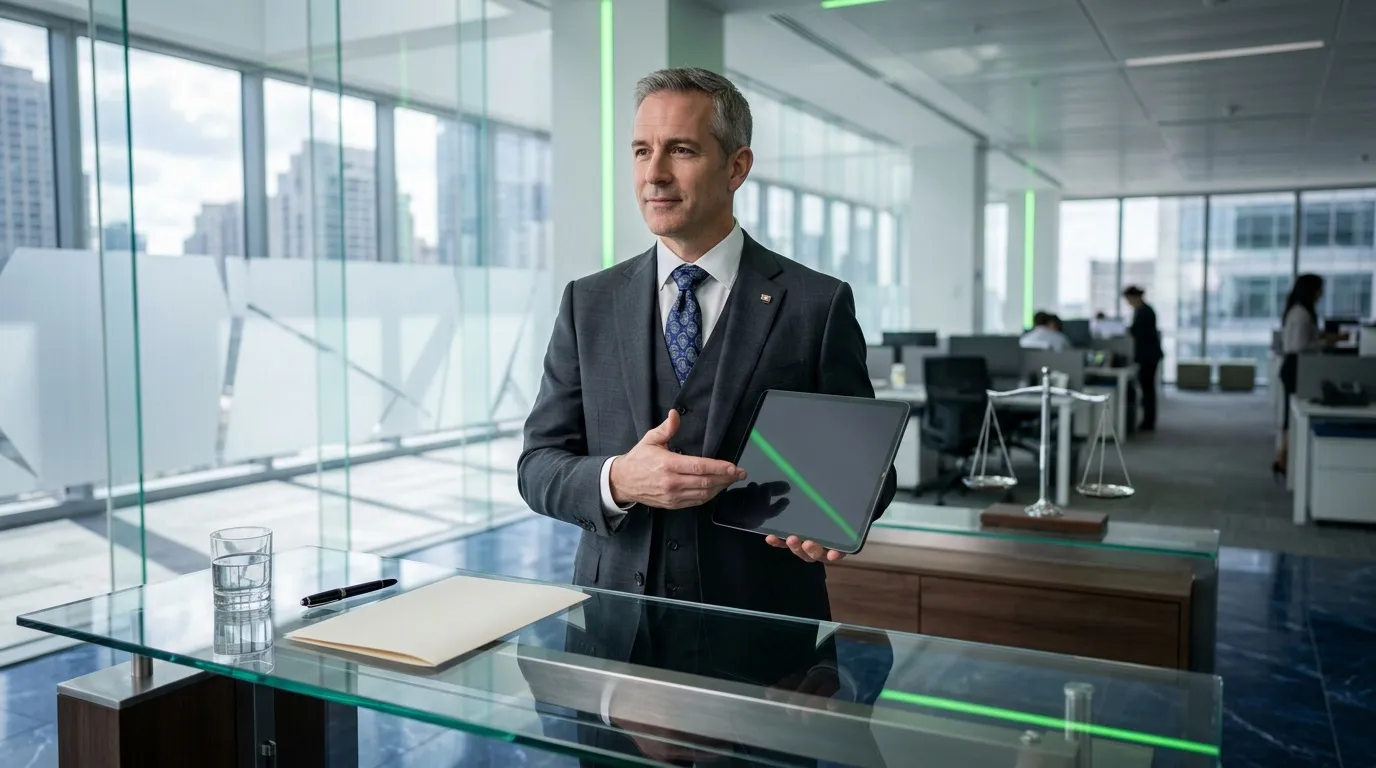 Homme d'affaires tenant tablette dans bureau haut de gamme