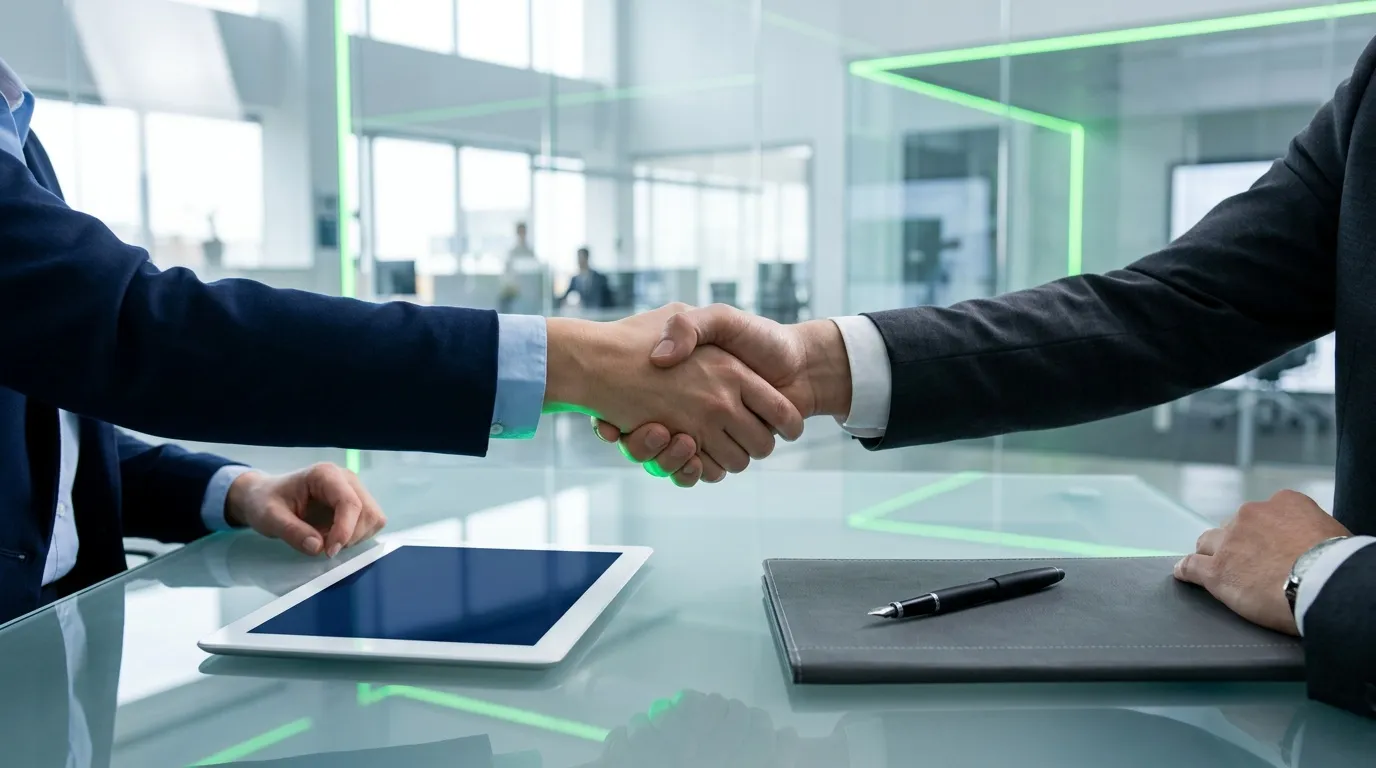 Deux hommes d'affaires se serrent la main dans un bureau moderne
