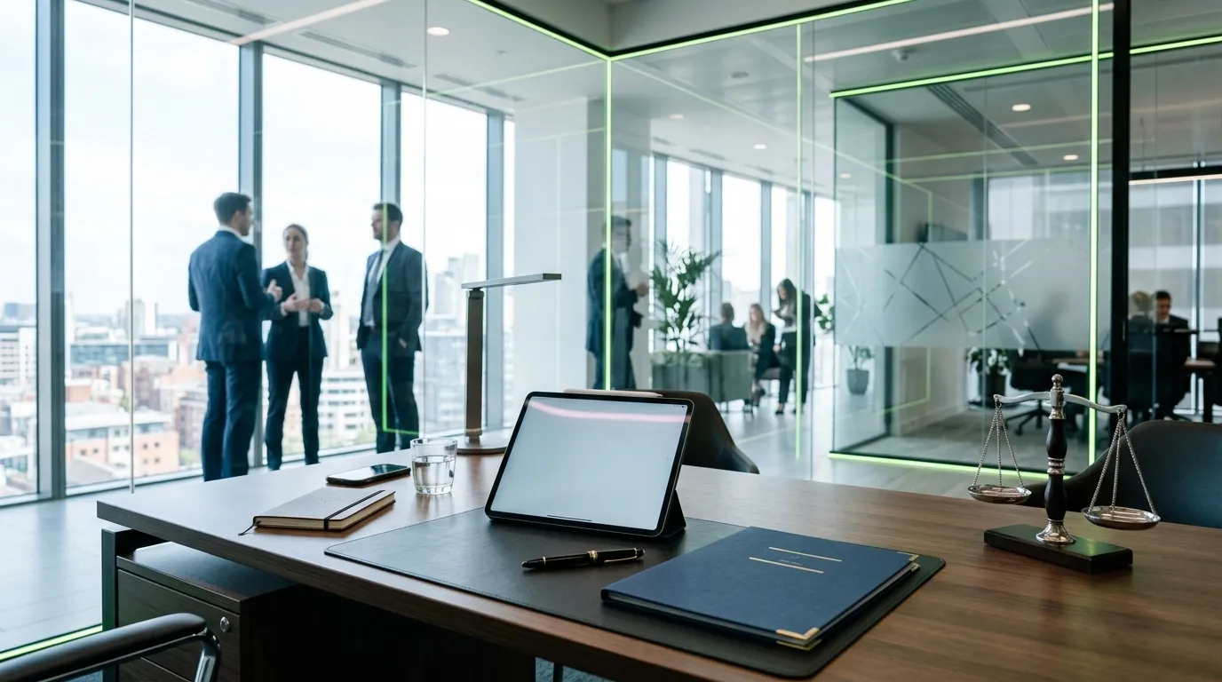 Cabinet juridique contemporain avec balance et équipe professionnelle