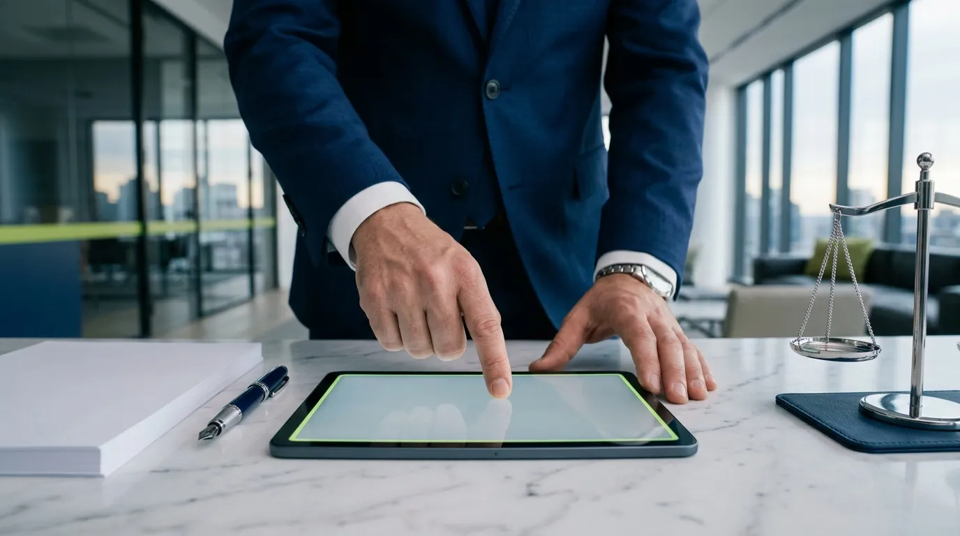 Homme d'affaires en costume bleu consultant une tablette