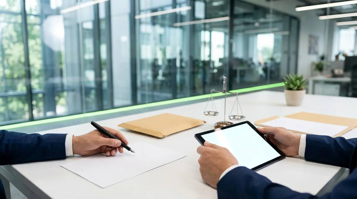 Deux avocats consultant sur tablette en bureau vitr&eacute;