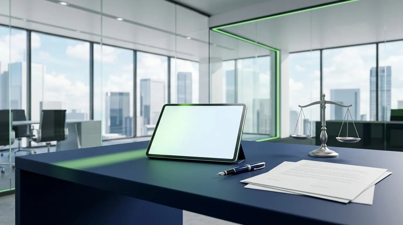 Bureau avec tablette, documents et balance de justice