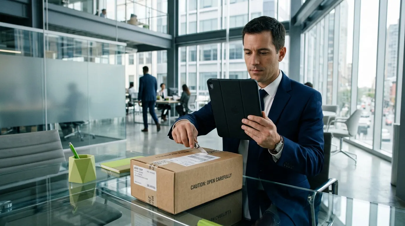 Homme d'affaires consultant une tablette pr&egrave;s d'un colis au bureau