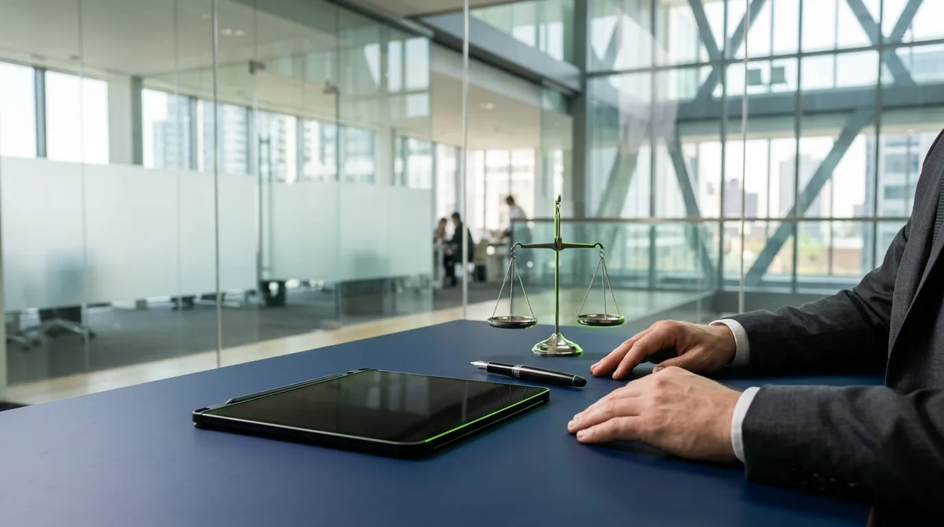 Avocat avec balance et tablette dans bureau moderne