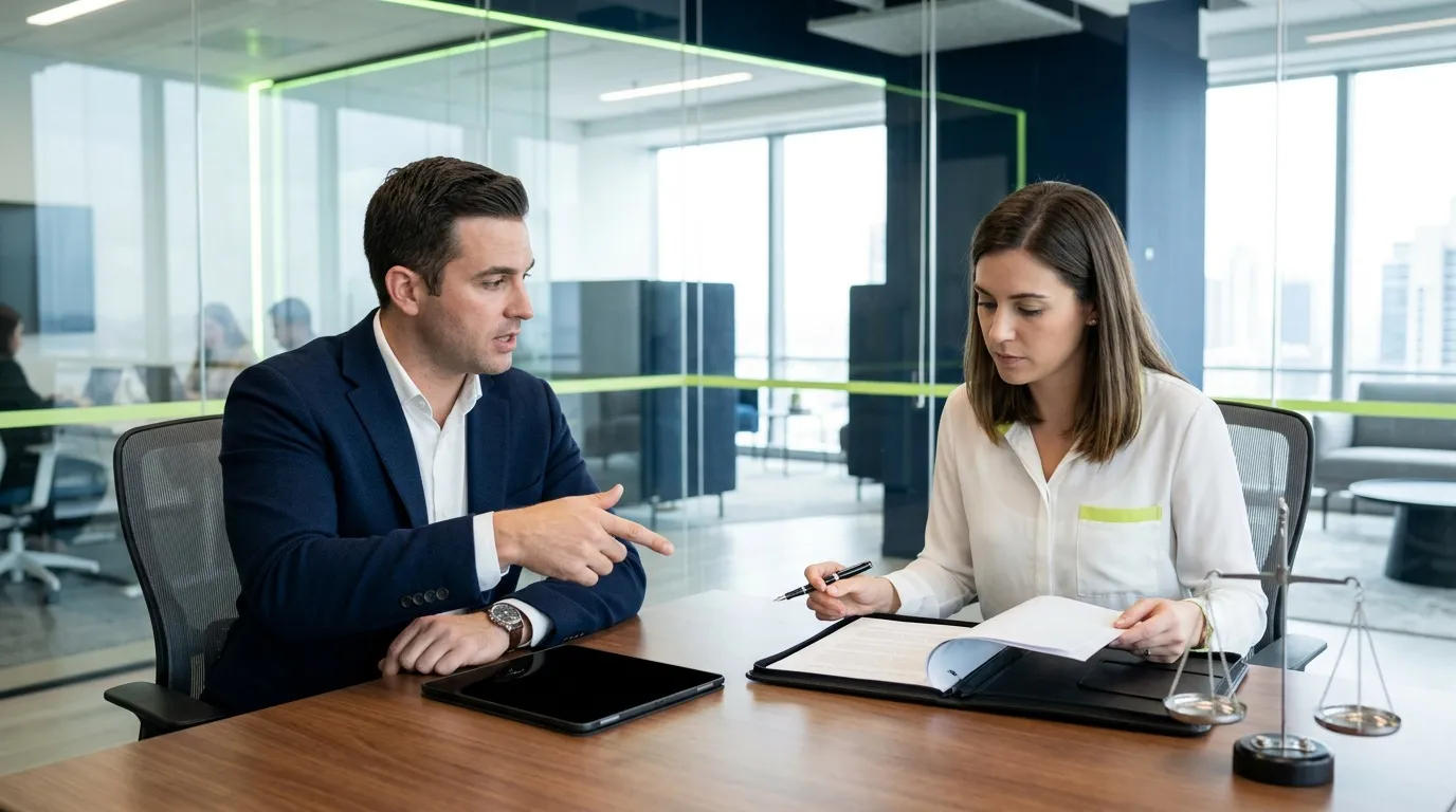 Deux professionnels discutent à une table de réunion vitrée