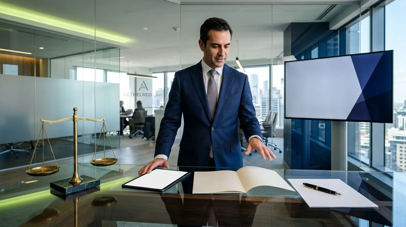 Homme en costume bleu dans un bureau moderne avec balance de justice