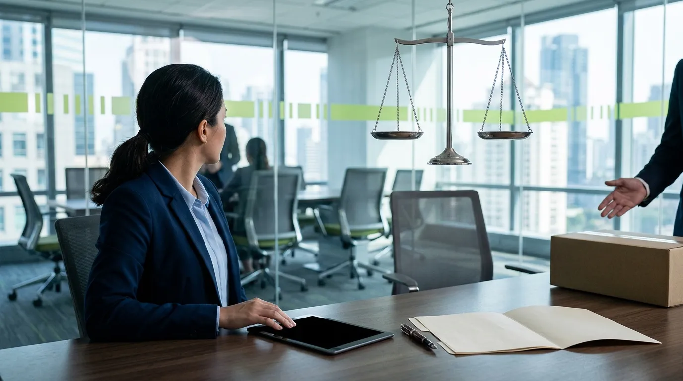 Avocate en réunion professionnelle avec balance de justice