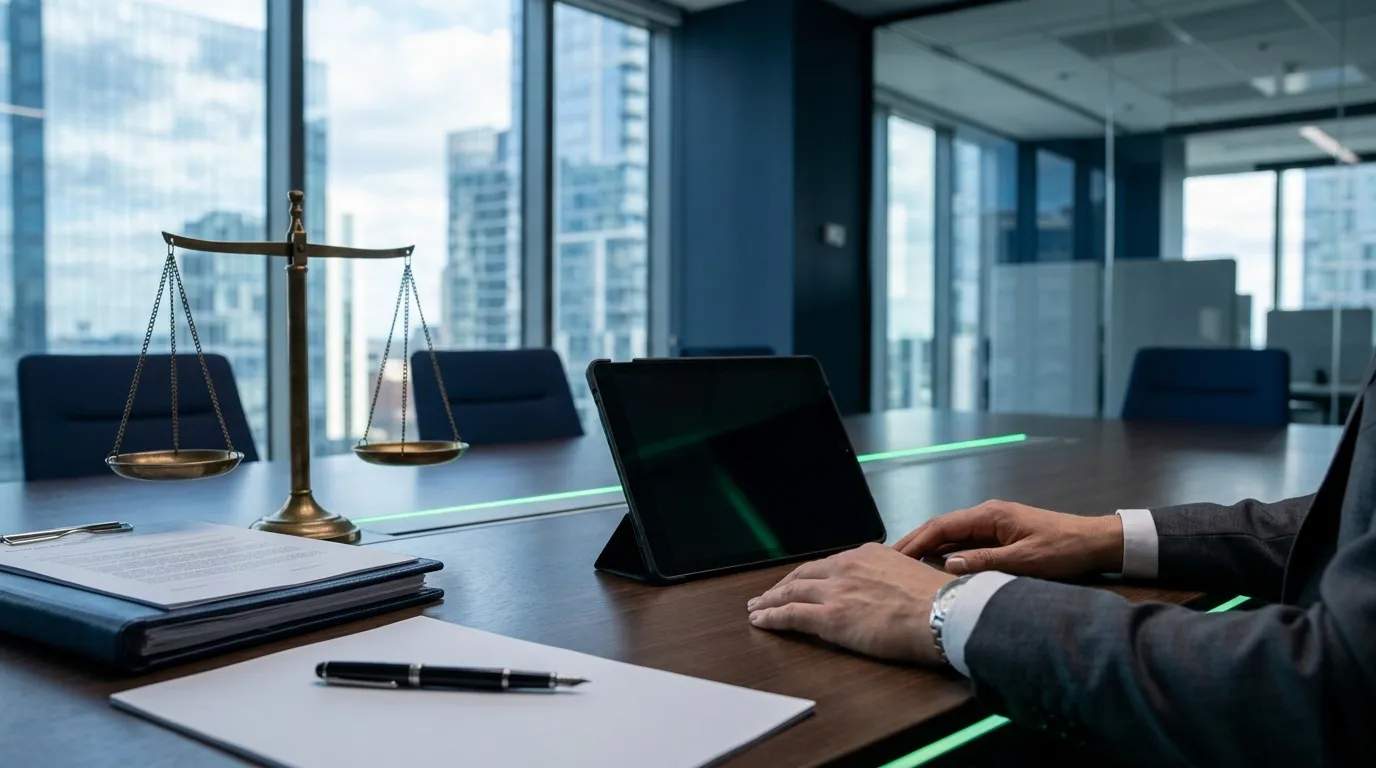 Avocat travaillant sur tablette dans bureau contemporain avec balance