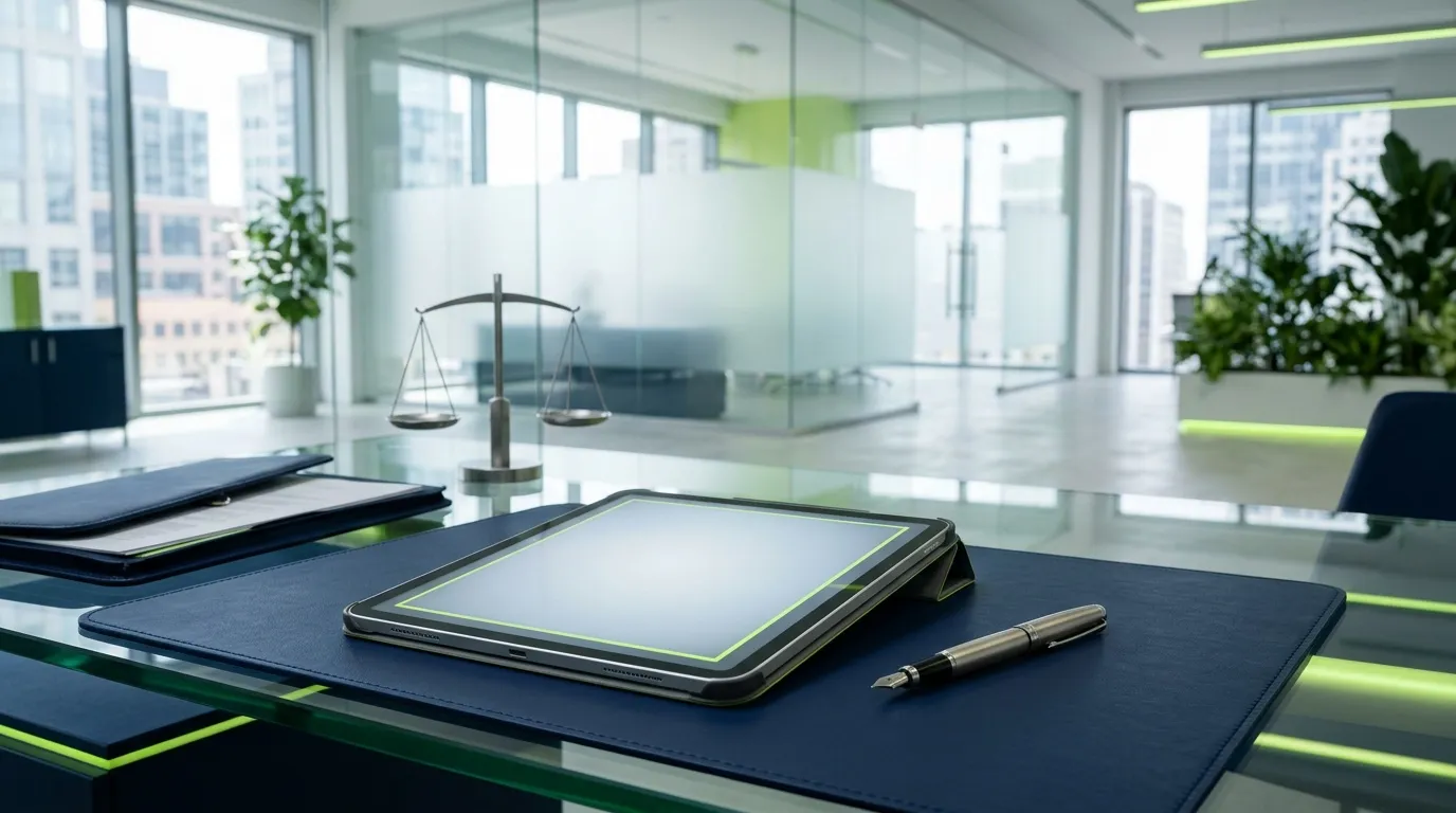 Bureau avocat avec balance justice et tablette numérique