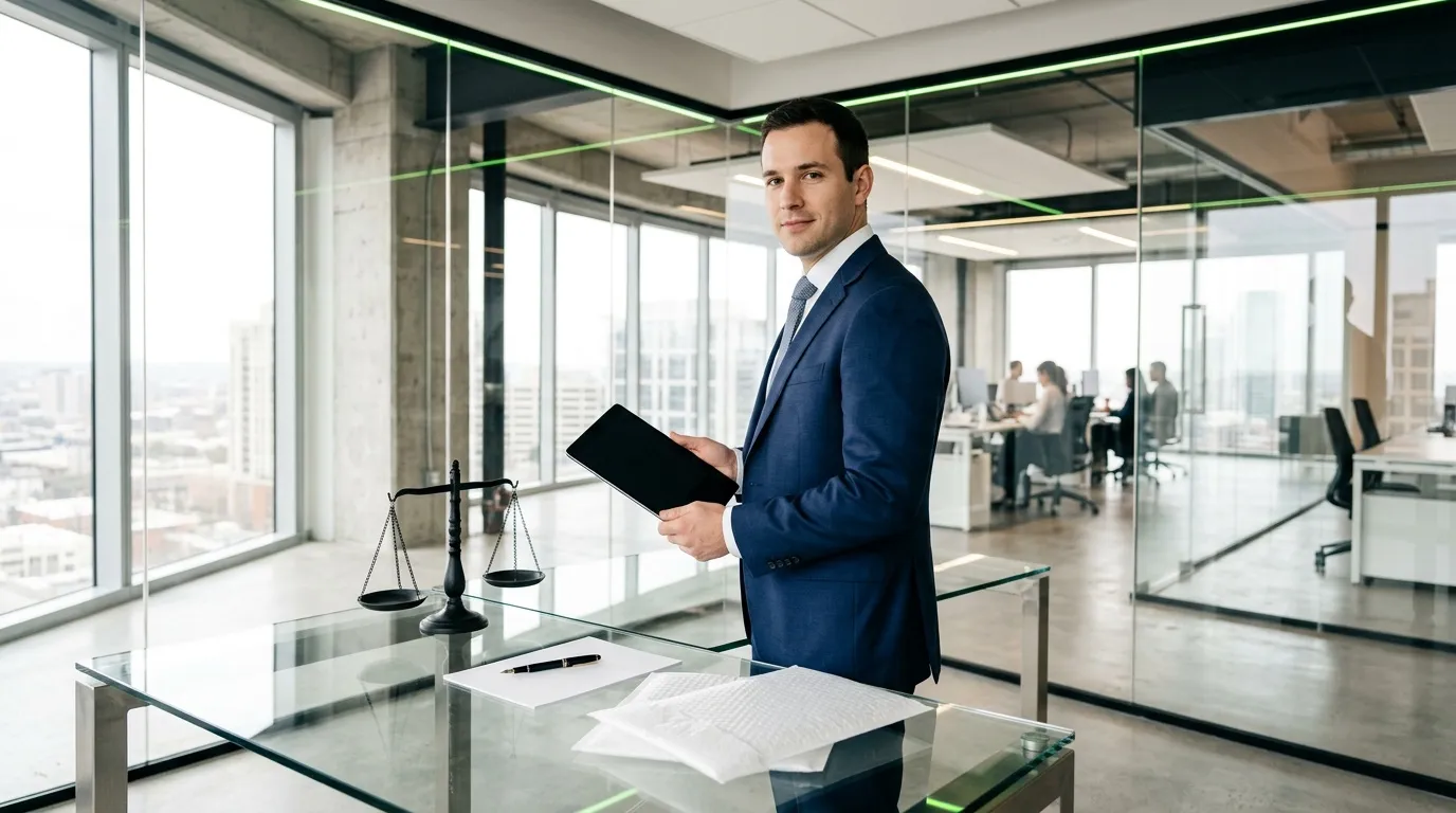 Homme en costume bleu tenant une tablette près d'une balance de justice